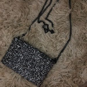 J Crew black/silver glitter purse w/ silver chain
